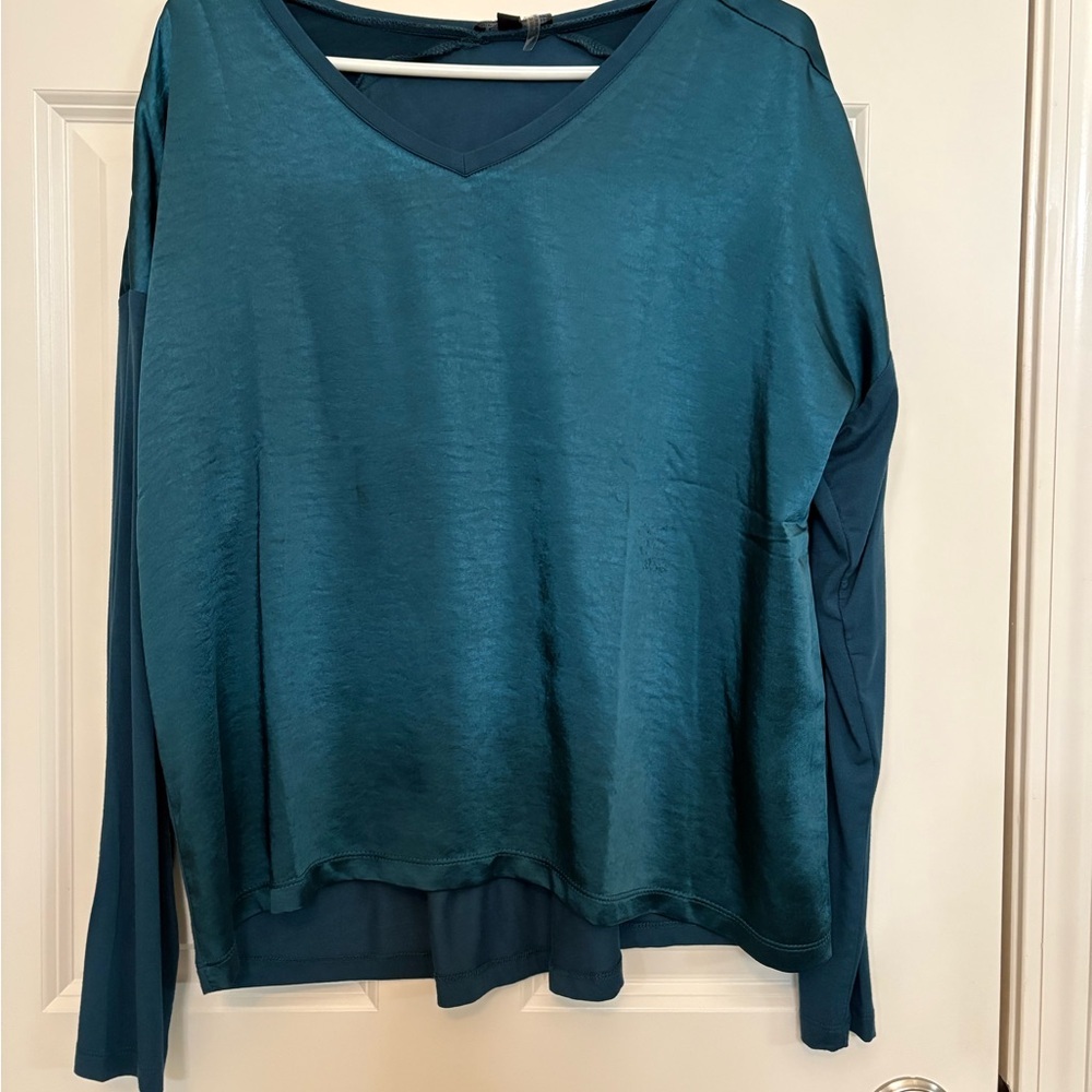 Green and Blue Relaxed Blouse with V-Neck